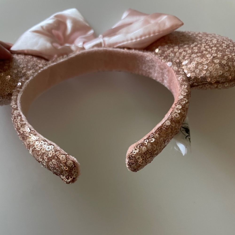 Disney Minnie Ears Sequin Headband Plush Bow Soft Pink Rose Gold - Picture 2 of 3